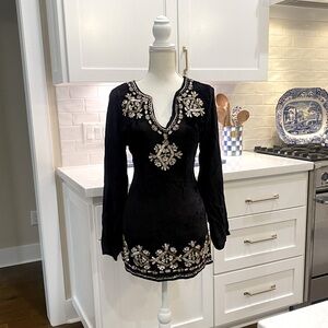 Like New Boston Proper Black Velvet embroidered Tunic or Mini Dress